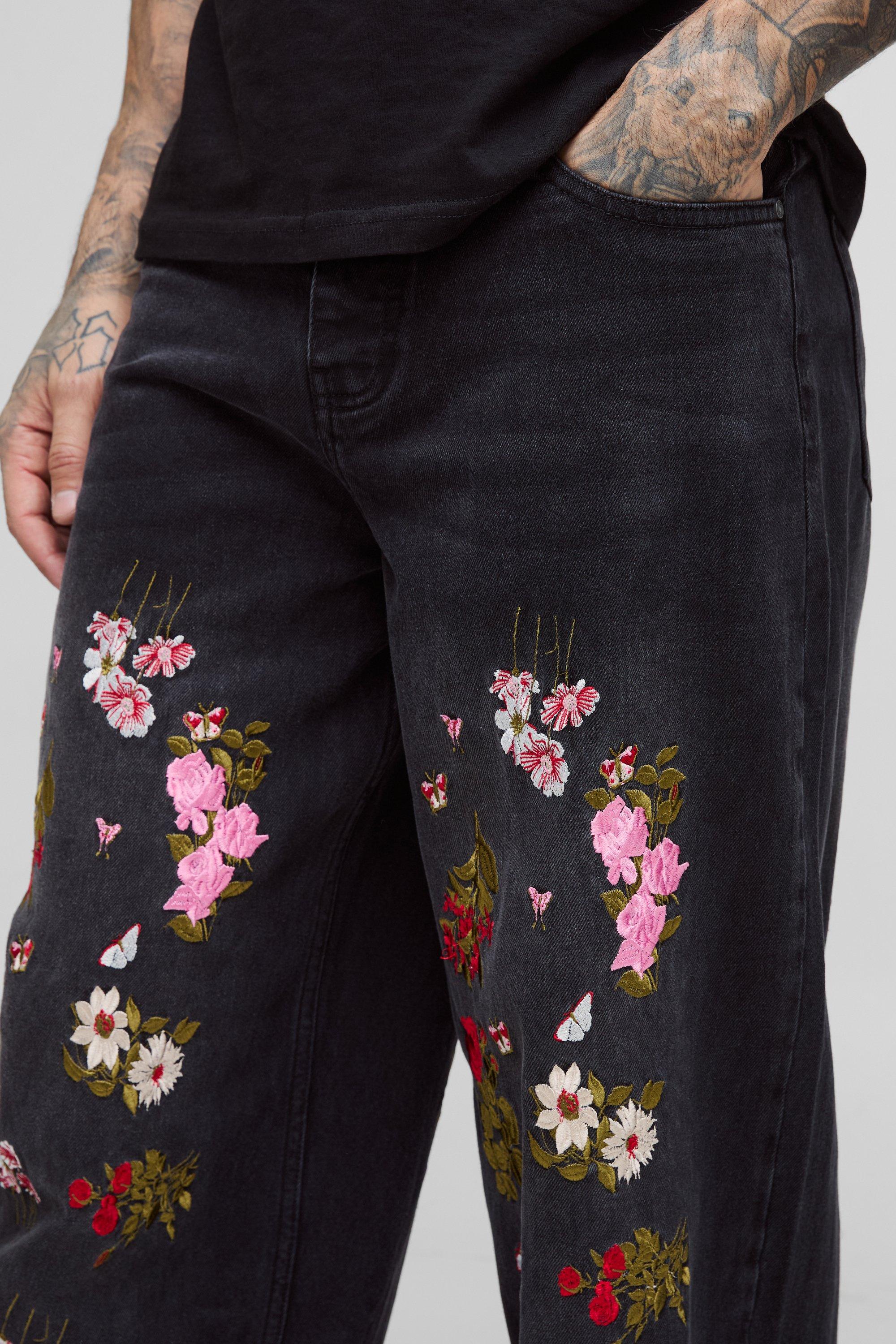 Tall Baggy Fit Floral Embroidered Jeans